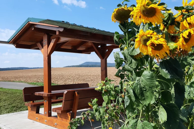 Überdachte Sitzgruppe mit Sonnenblumen am Radwanderweg Stedtlingen